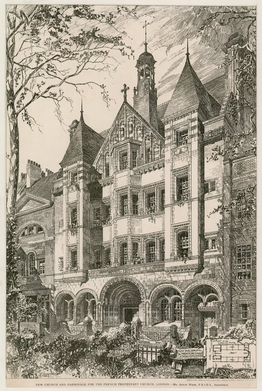 Ny kyrka och prästgård för den franska protestantiska kyrkan, London av English School