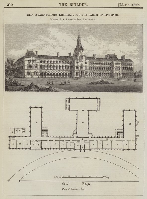 New Infant Schools, Kirkdale; för församlingen i Liverpool, herrarna JA Picton och son, arkitekter (gravyr) av English School