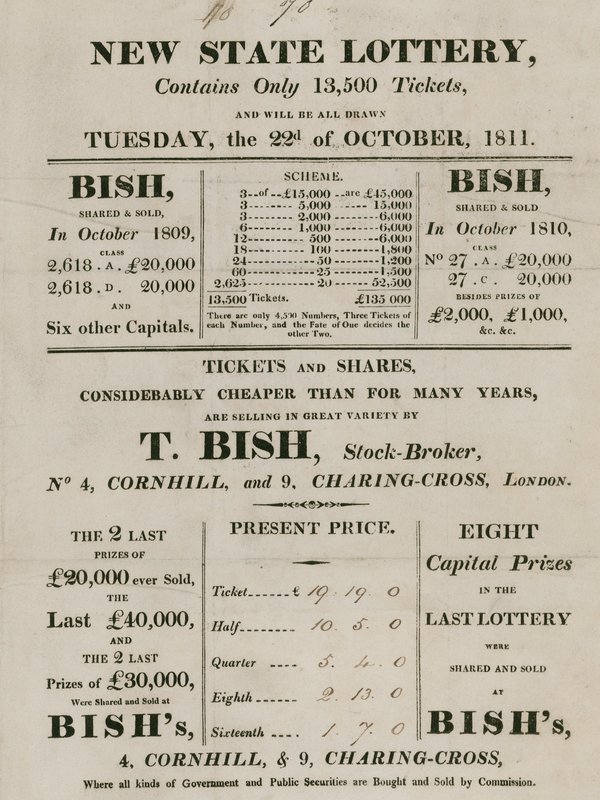 New State Lottery, drivs av T. Bish, aktiemäklare, 4 Cornhill och 9 Charing Cross, London av English School