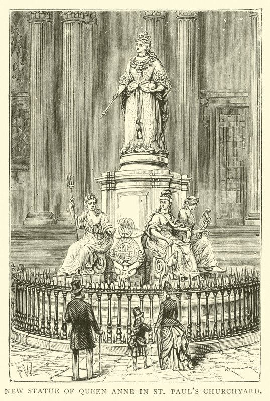 Ny staty av drottning Anne i St Pauls Churchyard av English School