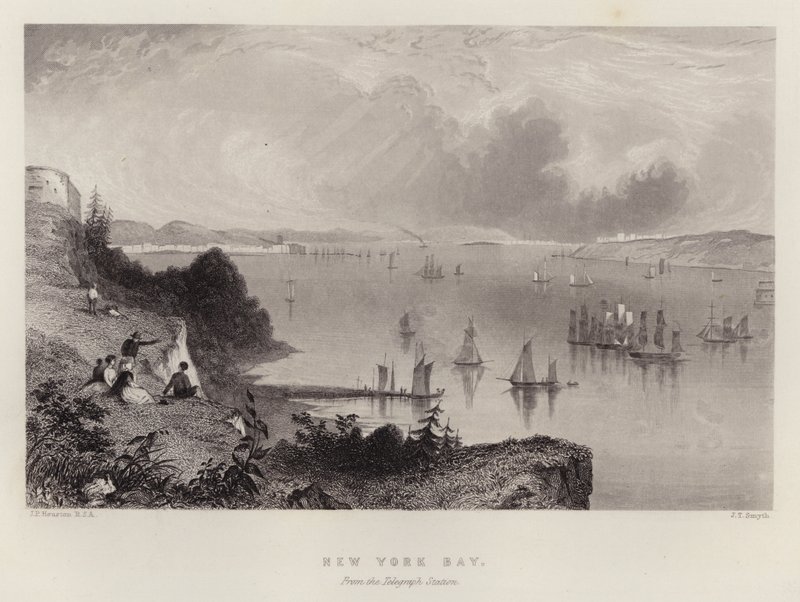 New York Bay, från Telegraph Station (färg litho) av English School