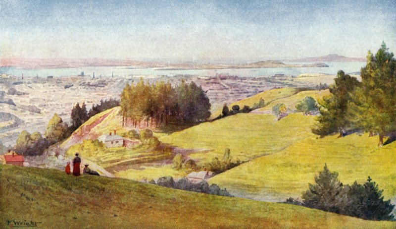 Nya Zeeland: Auckland (färglitografi) av English School
