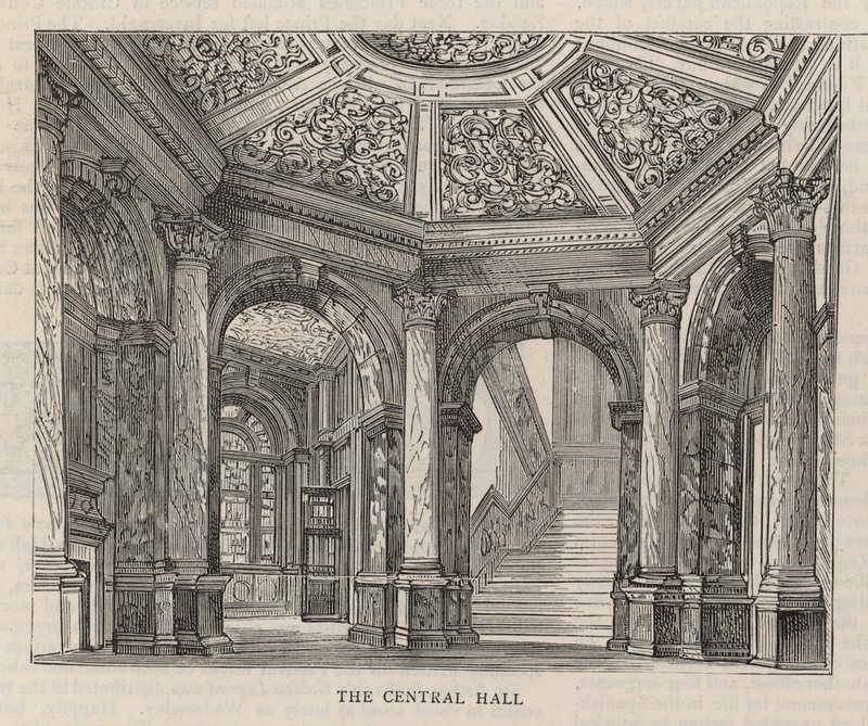 Ny byggnad av Constitutional Club i Northumberland Avenue: Central Hall av English School