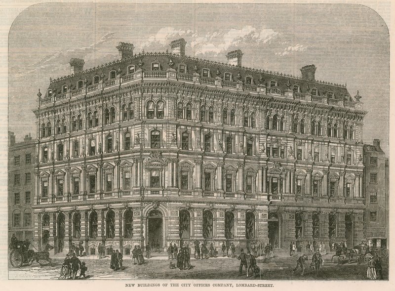 Nya byggnader av City Offices Company, Lombard Street, London av English School