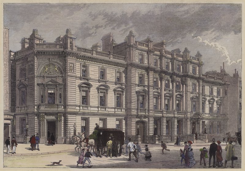 Ny domstolsbyggnad och polisstation, Bow Street, London, c1880 (färgad gravyr) av English School