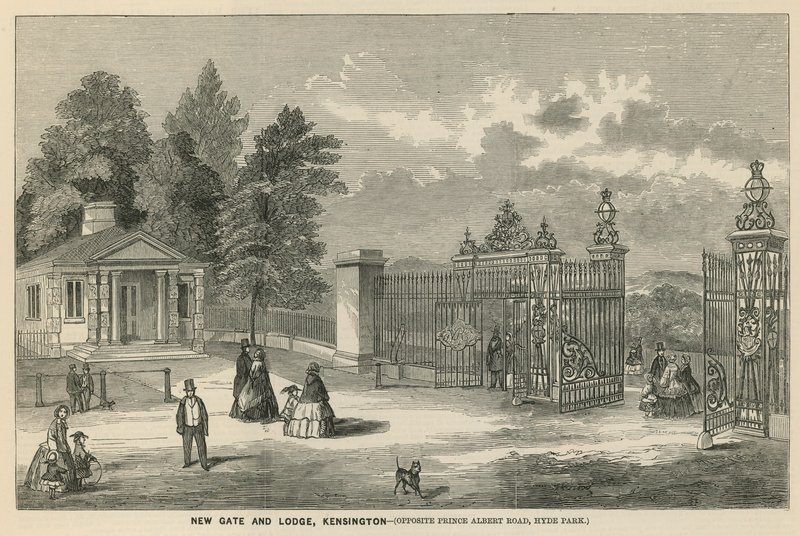 Ny gate och lodge, Kensington, mittemot Prince Albert Road, Hyde Park av English School