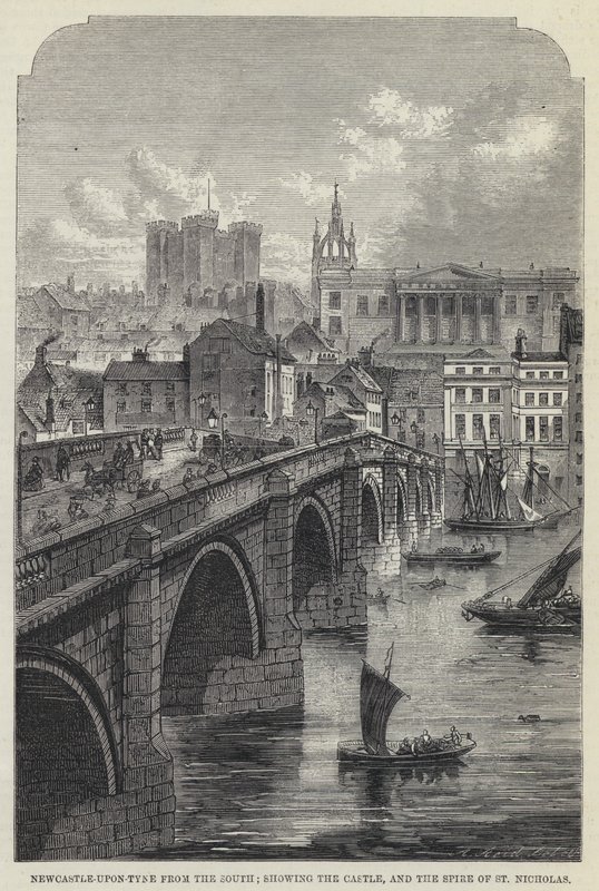 Newcastle-upon-Tyne från söder, som visar slottet och St Nicholas Spire (gravyr) av English School
