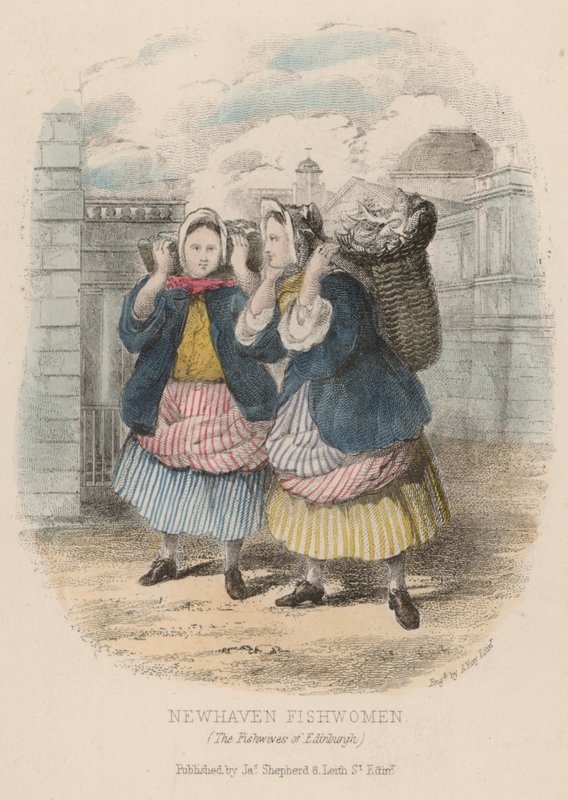 Newhaven fishwomen, Edinburgh (färgad gravyr) av English School