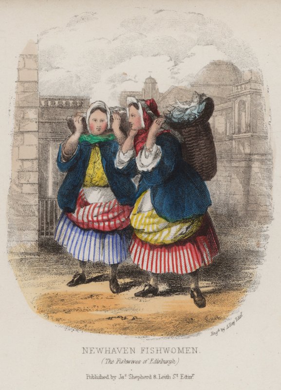 Newhaven fishwomen, Edinburgh (färgad gravyr) av English School