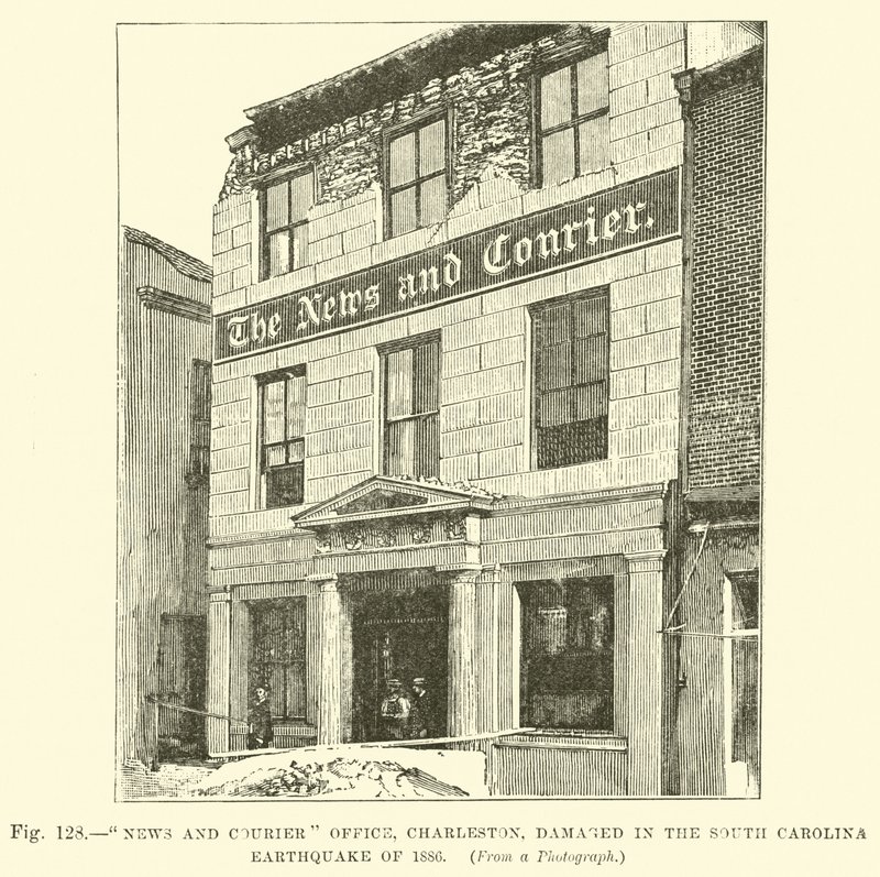 News and Courier Office, Charleston, skadad i jordbävningen i South Carolina 1886 av English School