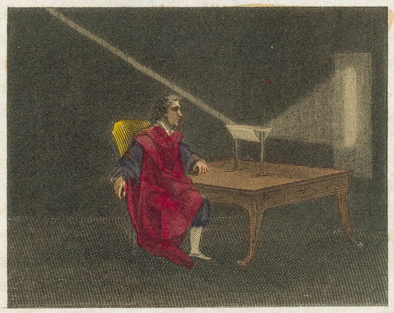 Newton upptäcker ljusets natur (kolorerad gravyr) av English School