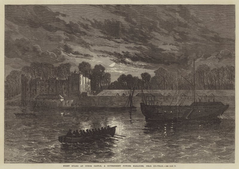 Nattvakt vid Upnor Castle, ett regeringspulvermagasin, nära Chatham (gravyr) av English School