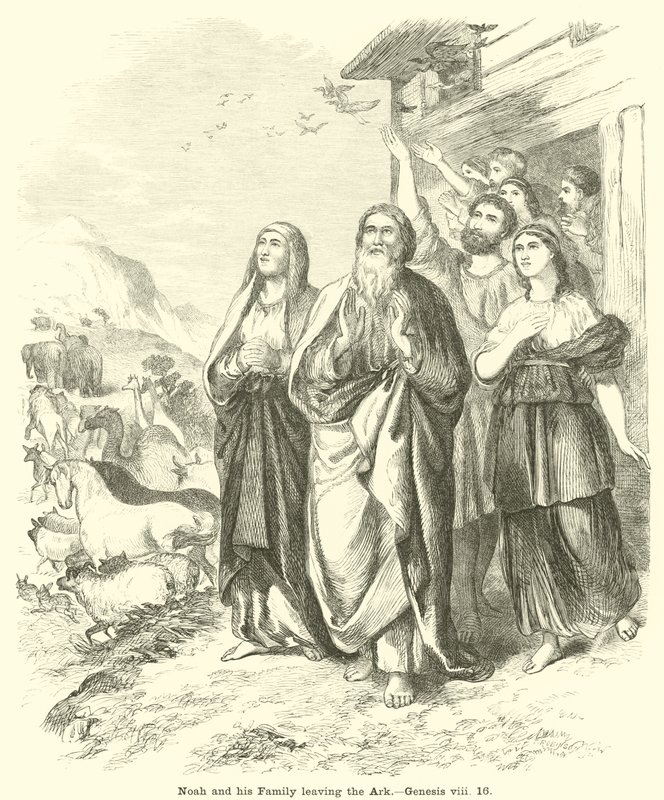 Noa och hans familj lämnar arken, Genesis, viii, 16 av English School
