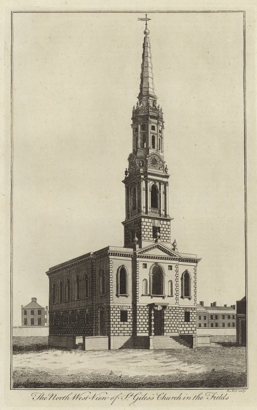 Nordvästlig vy av Church of St Giles in the Fields, London av English School