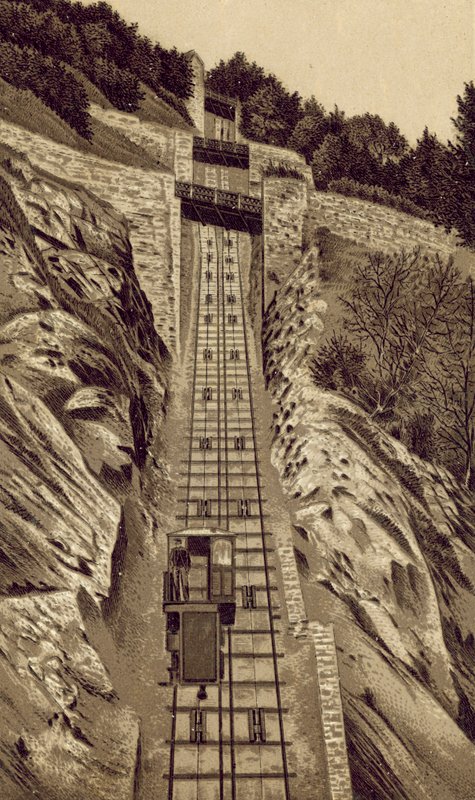 North Devon: Cliff Railway, Lynmouth till Lynton (litografi) av English School