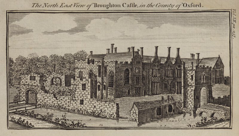 Nordostvy över Broughton Castle, Oxfordshire av English School