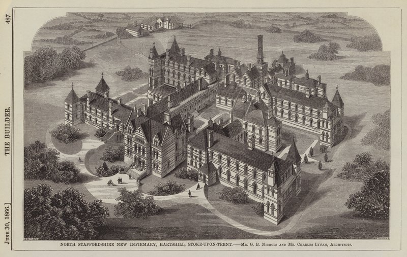 North Staffordshire New Infirmary, Hartshill, Stoke-upon-Trent, Mr GB Nichols och Mr Charles Lynam, arkitekter (gravyr) av English School