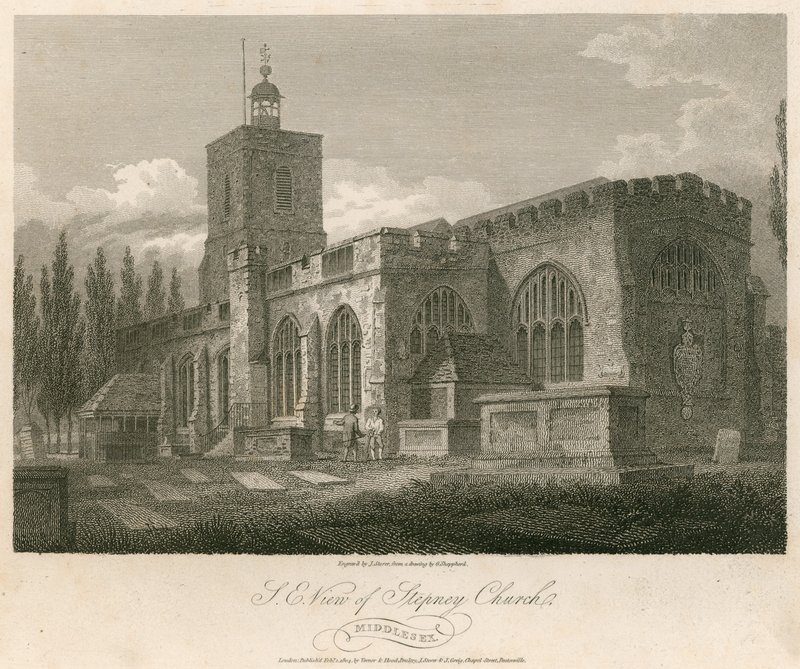 Nordostvy över Stepney Church, London av English School