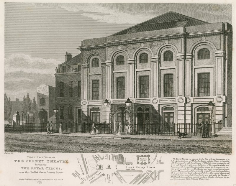 Nordostvy över Surrey Theatre, Blackfriars Road, London av English School