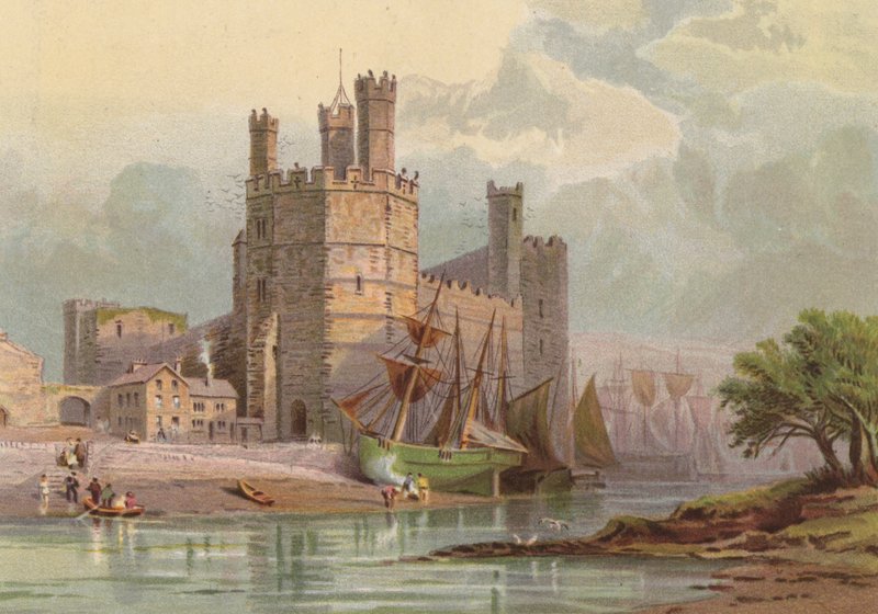 Norr om Wales, Carnarvon Castle (färg litho) av English School