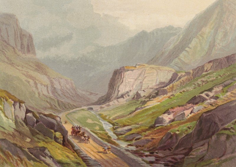 Norr om Wales, Pass of Llanberis (färg litho) av English School