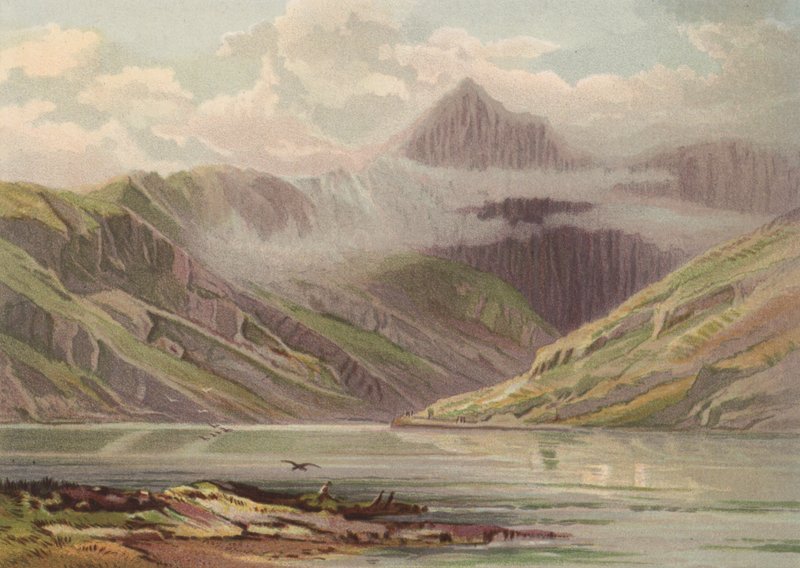 Norr om Wales, Snowdon från Llyn Llydaw (färg litho) av English School