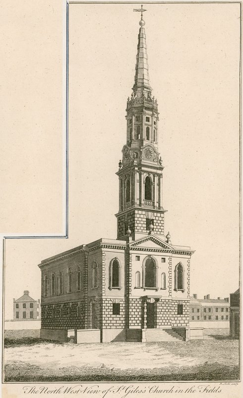Nordvästlig vy av St Giless Church in the Fields, London av English School