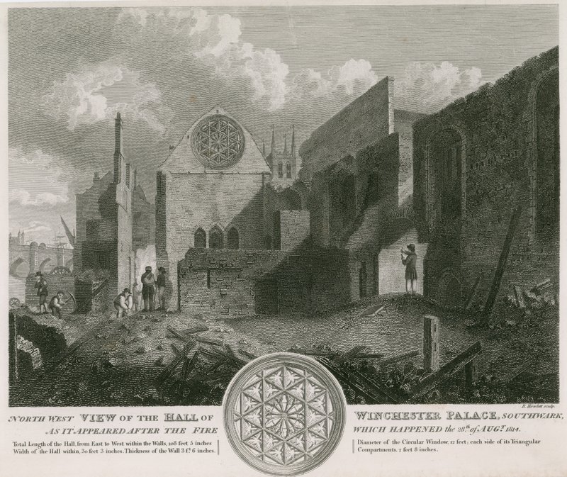 Nordvästlig vy av Hall of Winchester Palace som den såg ut efter branden av English School