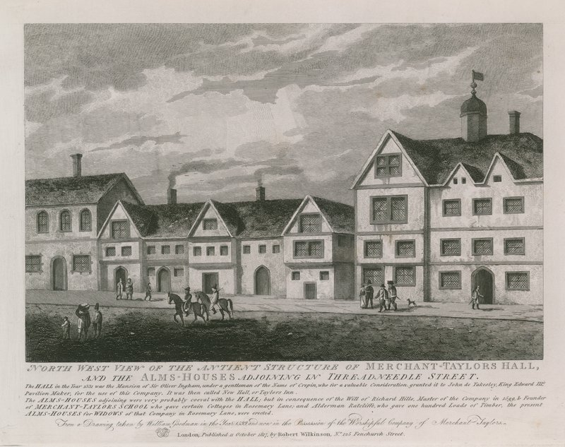 Nordvästlig vy av den antika strukturen i Merchant Taylors Hall av English School