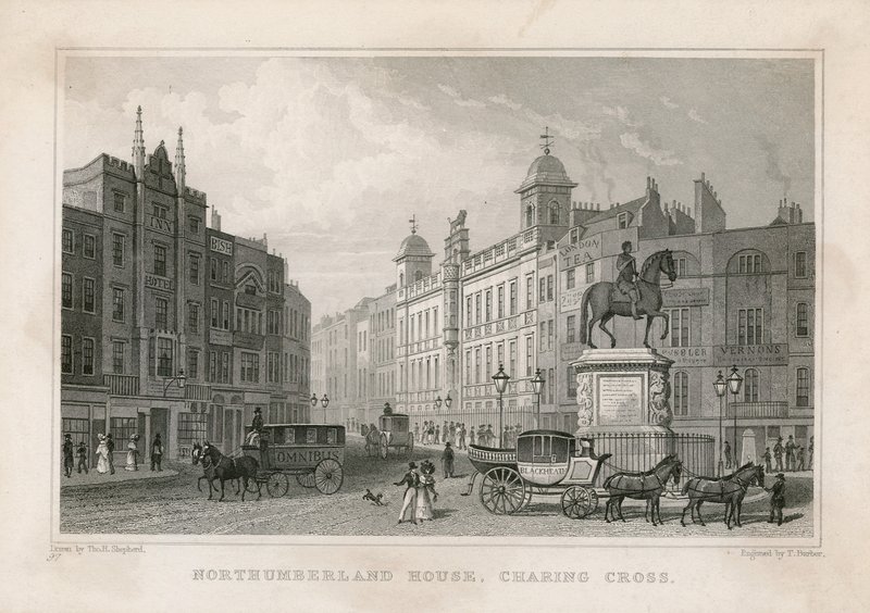 Northumberland House, Charing Cross. Bishs Lottery Office, No 9 Charing Cross, ligger granne med Golden Cross Hotel av English School
