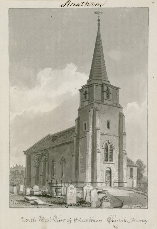 Northwest View of Streatham Church, Surrey (wc på papper) av English School