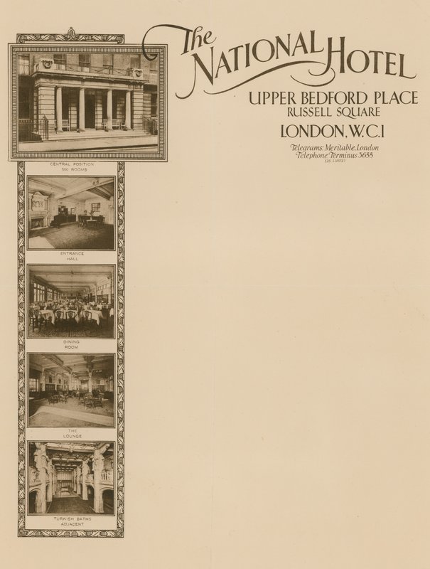 Anteckningspapper från The National Hotel, Upper Bedford Place, Russell Square av English School