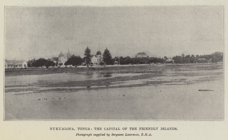 Nukualofa, Tonga, de vänskapliga öarnas huvudstad (litho) av English School