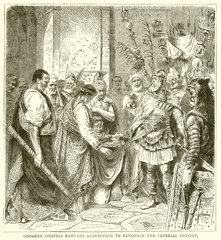 Odoaker tvingar Romulus Augustulus att avsäga sig den kejserliga värdigheten av English School