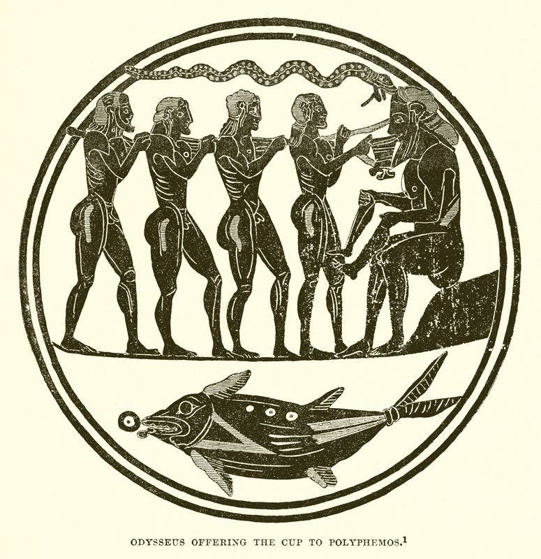 Odysseus erbjuder bägaren till Polyphemos av English School