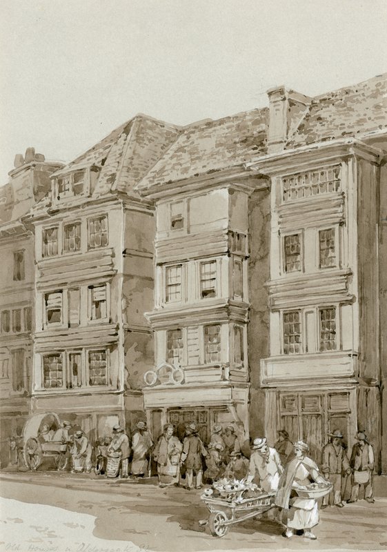 Gamla hus på Aldersgate Street (wc på papper) av English School