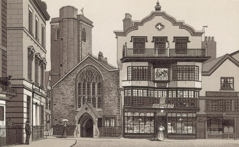 Gamla hus på Domkyrkogården (litho) av English School