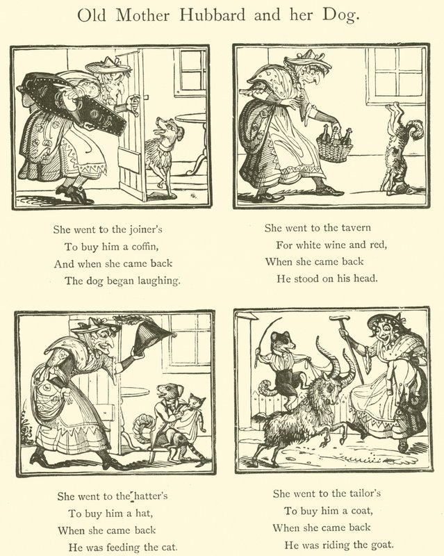 Gamla mamma Hubbard och hennes hund (träsnitt) av English School