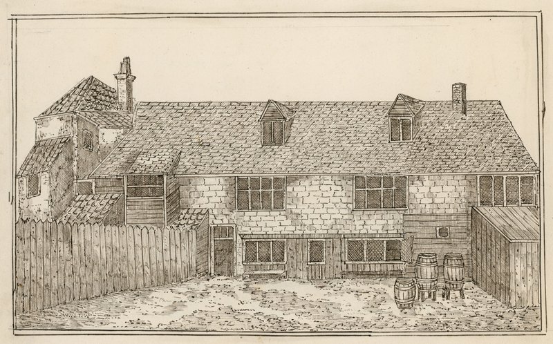 Old Pied Bull, Islington (bak) (bläck på papper) av English School