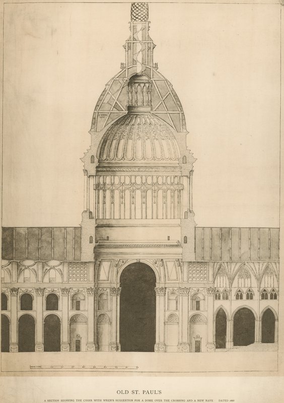 Gamla St Pauls katedral; ett avsnitt som visar kören med Sir Christopher Wrens förslag på en kupol av English School