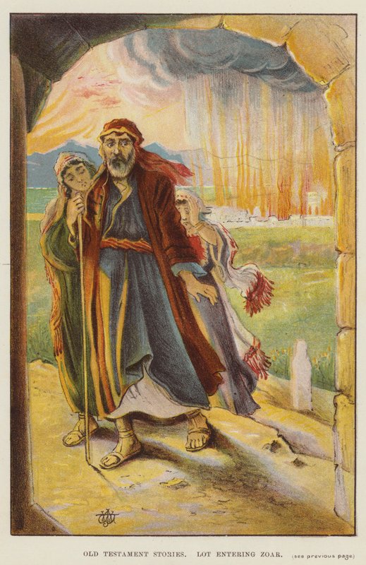 Gamla testamentets berättelser, Lot kommer in i Zoar (färg litho) av English School