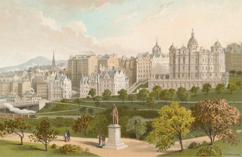 Old Town Edinburgh från Princes Street Gardens av English School