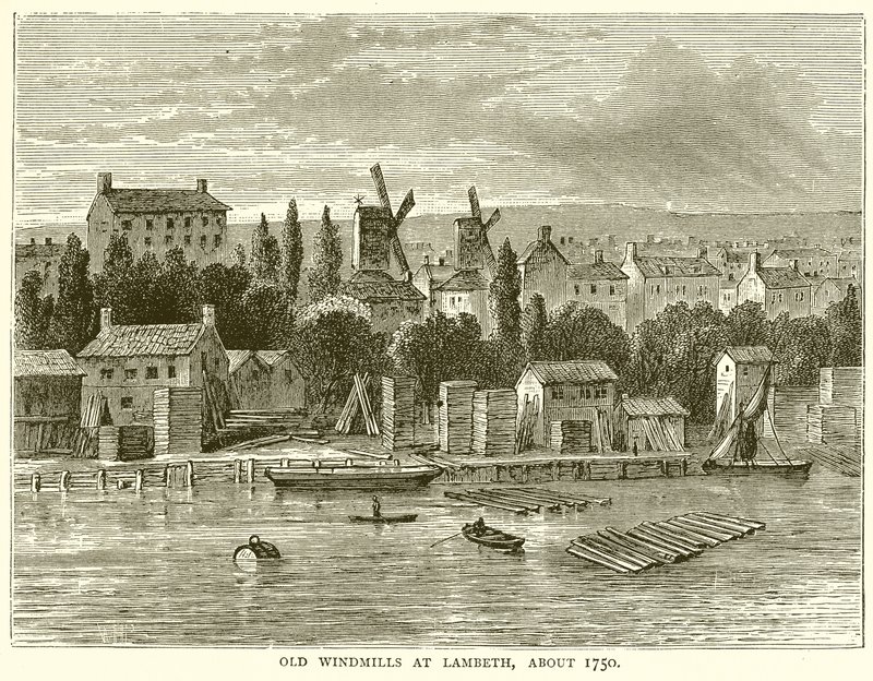 Gamla väderkvarnar vid Lambeth, omkring 1750 av English School