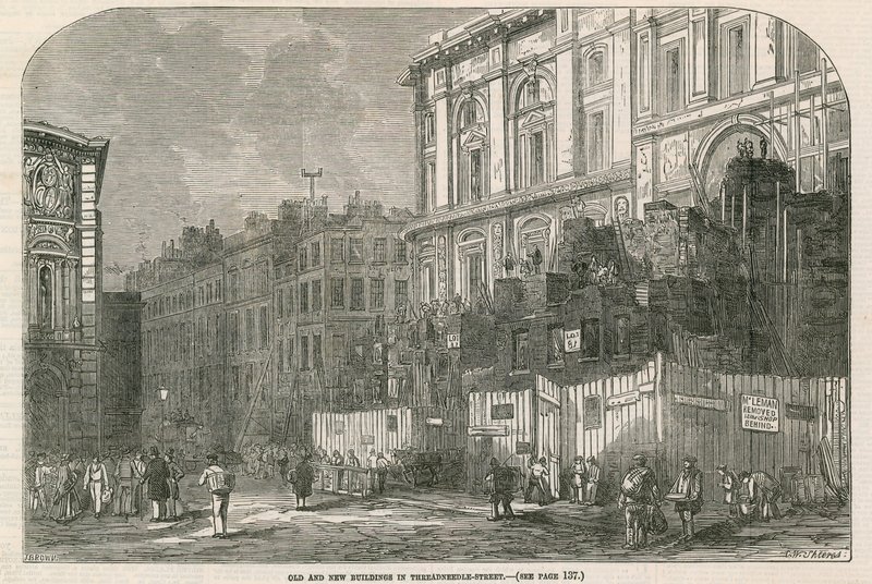 Gamla och nya byggnader i Threadneedle Street, London av English School