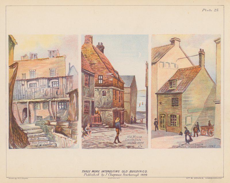 Gamla byggnader, Scarborough (färglitografi) av English School