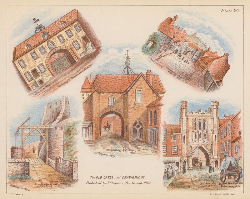 Gamla grindar och vindbrygga, Scarborough (färglitografi) av English School