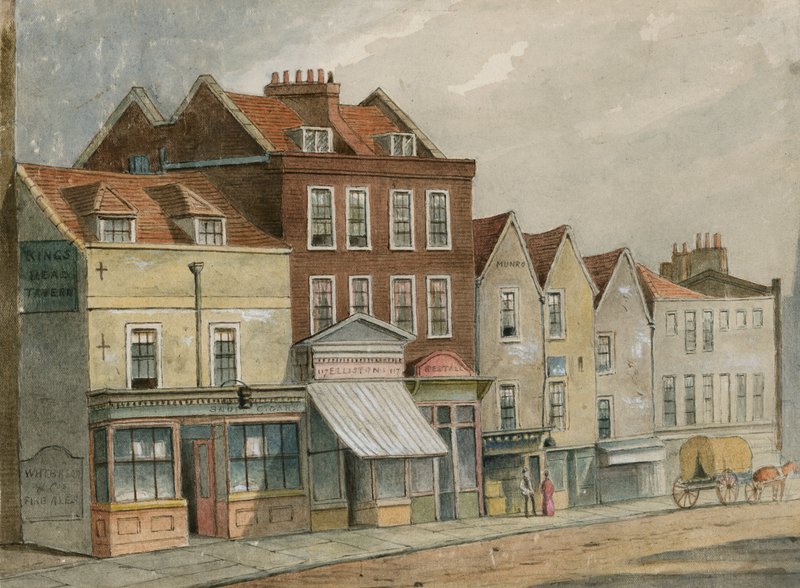 Gamla hus i Upper Street, Islington, mittemot kyrkan (wc på papper) av English School