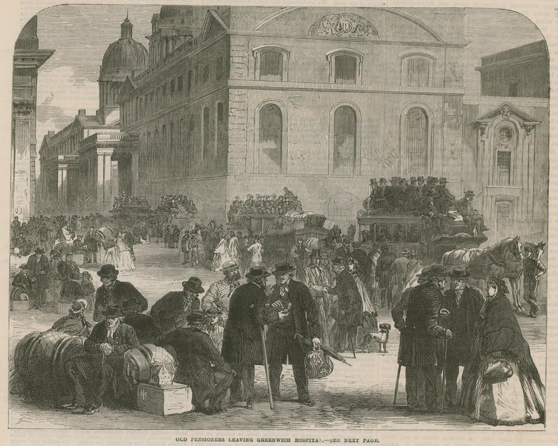 Gamla pensionärer lämnar Greenwich Hospital av English School