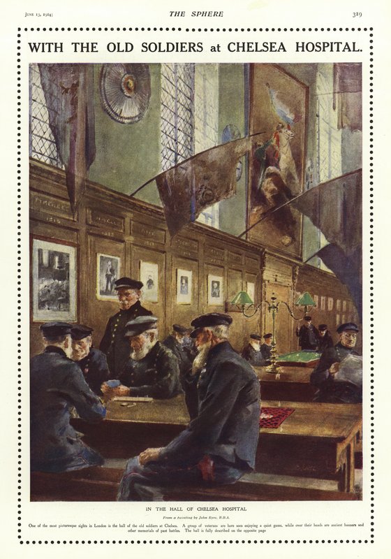 Gamla soldater i hallen på Chelsea Hospital, London av English School
