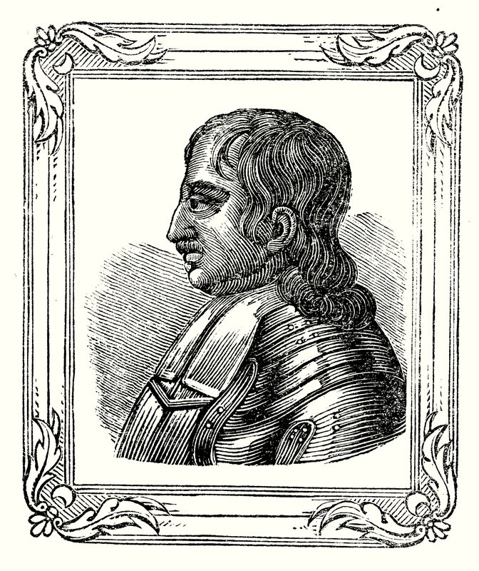 Oliver Cromwell föddes 1599, blev beskyddare 1653 och dog 1658 (gravyr) av English School